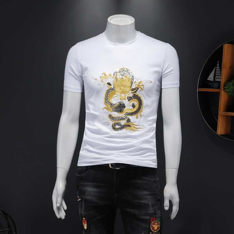 

2021 New Big China Dragon Size Embroidered Fashion Summer Short Male T-shirts Fine Streetwear T-shirt 3l2c, Black dragon.