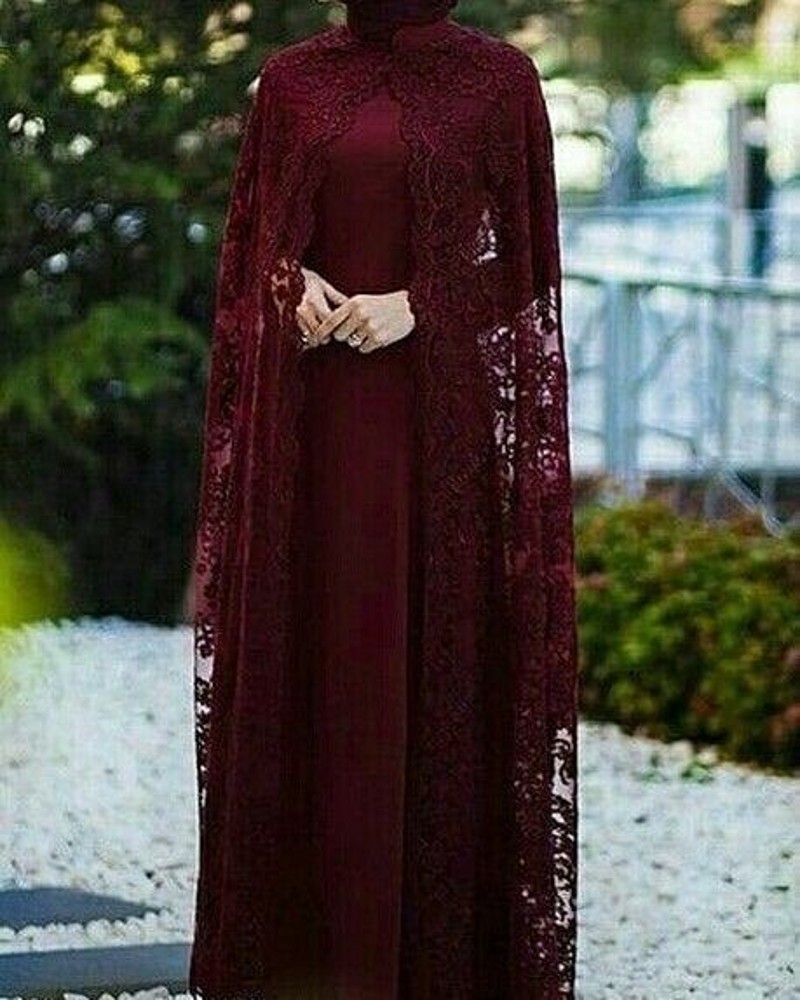 

2021 New Burgundy with Lace Cape Long Sleeves Muslim Caftan Women Prom Party Evening Gowns Vestidos No2z, Navy blue
