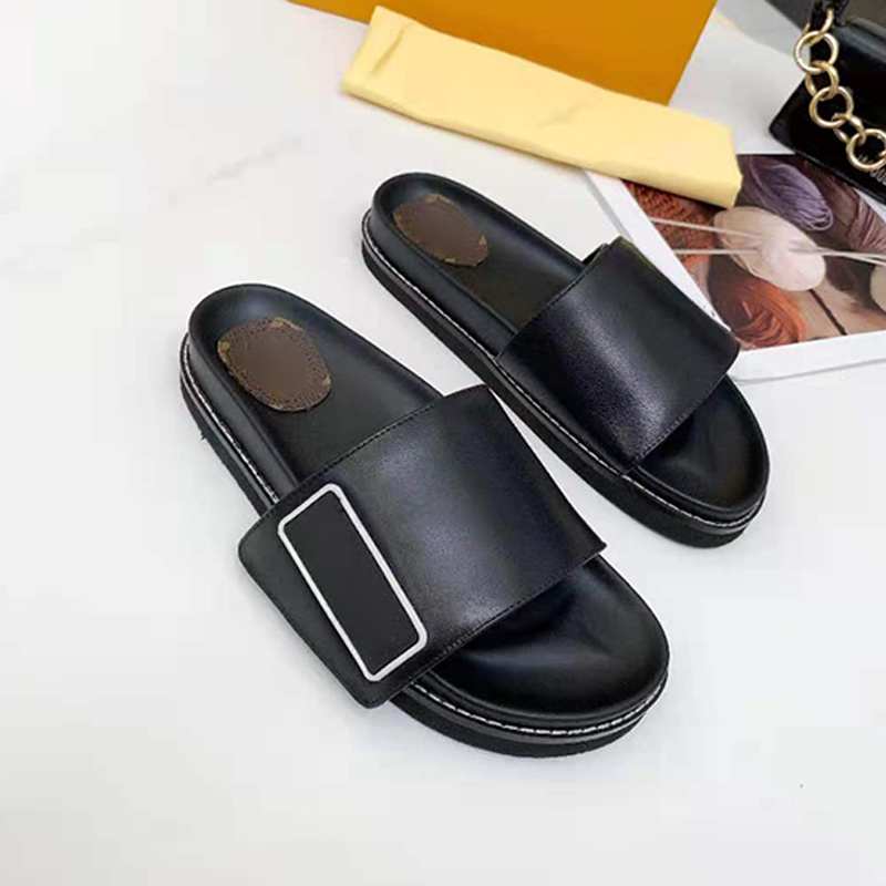 

Luxury brand-name shoes fashion classic sandals slippers spring and summer leather ladies beach cool flat heel 35-42 water table 4CM advanced customization platform, Black