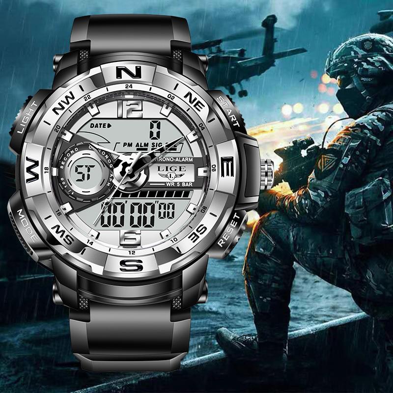 

Wristwatches LIGE Sport Watch Men 2021 Clock Male LED Digital Quartz Wrist Watches Men's Digital-watch Relogio Masculin, Silver black