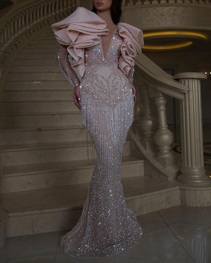 2022 Sparkly Sequined Gold Evening Dresses With Deep V Neck Pleats Long Sleeves Mermaid Prom Dress Dubai African Party Gowns-image-754248682