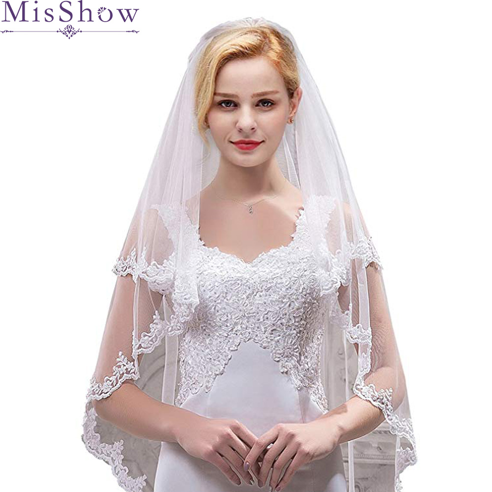 

2021 Fashion Cheap Bridal Veil With Combs Elbow Length Veil Short Wedding Veils With Lace Appliques Veils Wedding Accessories CPA1437, White