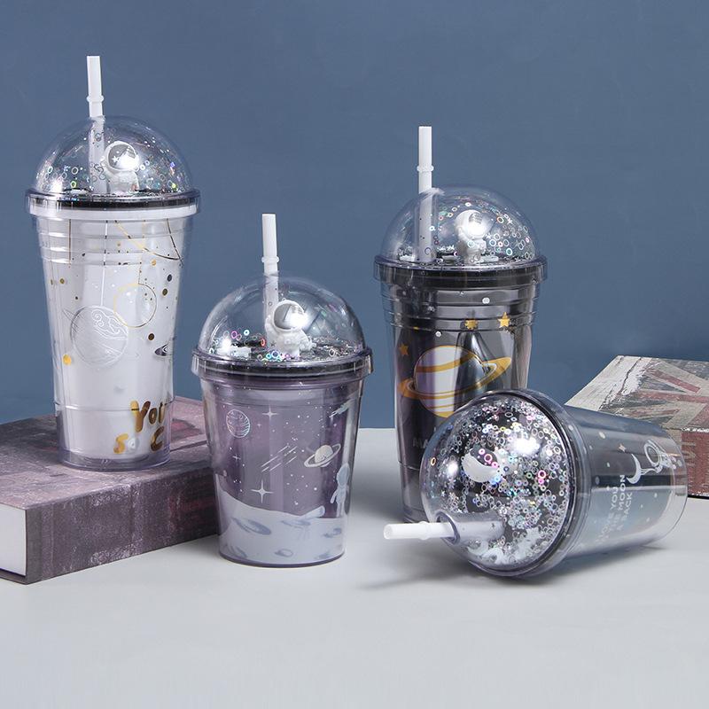 

Water Bottles 380ml 500ml Interstellar Wandering Double Layer Straw Cup Creative Gift Astronaut Plastic Children's Cute Colorful