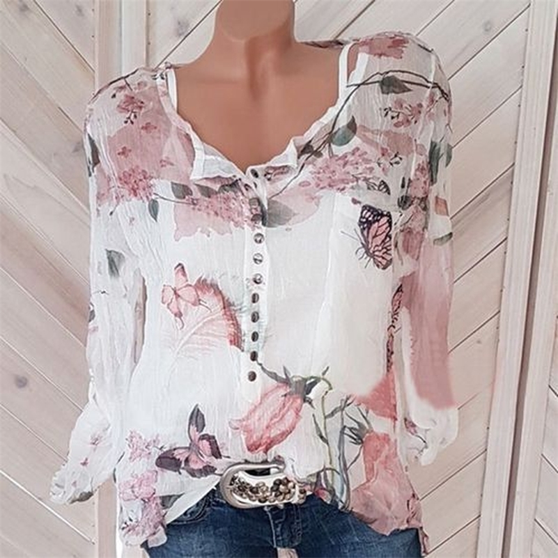 Sexy V Neck Button Chiffon Shirt Autumn Spring Blouses Women Plus Size 5XL Tops Sweet Long Sleeve Blouse Vintage Printed Shirts 210225Z