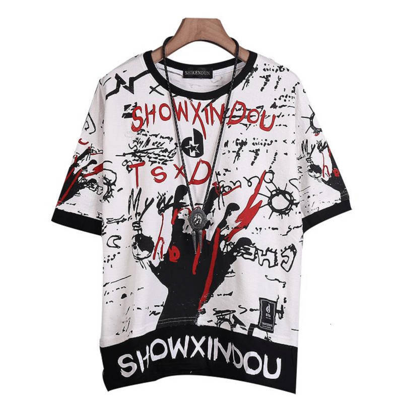 

2021 New Harajuku Coreano Punk Camiseta Masculina Vero Hip Hop Topos Streetwear Graffiti Oversize Tshirt Masculino Casual De Alta Rua Superi, Black