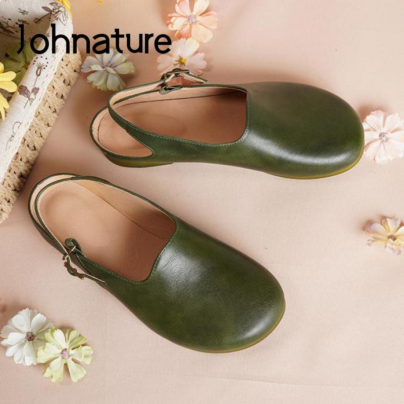 

Johnature Retro Sandals Women Shoes Genuine Leather Buckle Strap 2021 New Sewing Handmade Concise Flat With Ladies Sandals, Brown