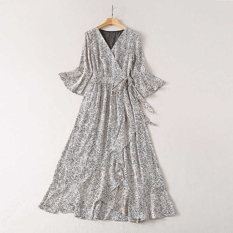 

EXCELLENT QUALITY est Designer Women's Fashion Summer V-Neck Retro Flare 3/4 Sleeve Dot Print Elegant Dress 210526, White