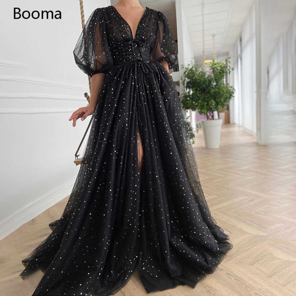 

Booma Black Starry Tulle Prom Dresses Sparkly V-Neck Half Puff Sleeves Ruched Wedding Party Dresses Slits Long A-Line Prom Gowns 210719, Custom colors
