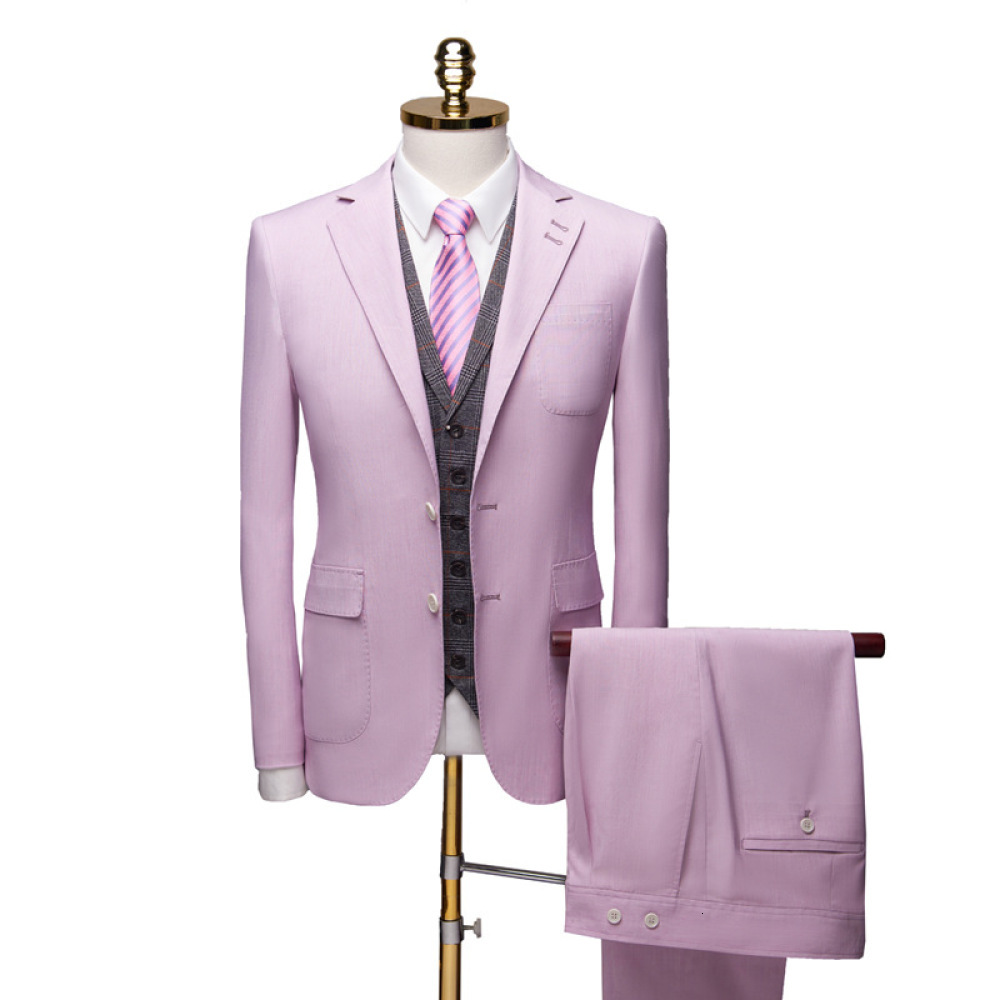 

2021 Spring Autumn Fashion European Style for Men Wedding Banquet Groom Get Marriaged Pure Pink Suit Piece Sets 4khq