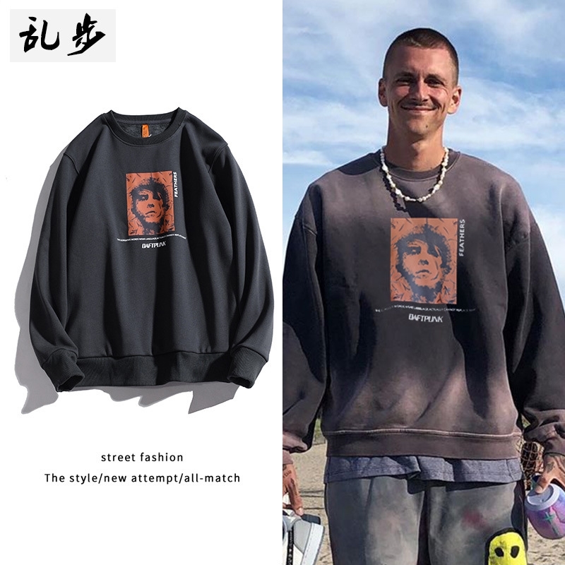 

Spring style hoodless loose sweater men's Korean fashion round neck long sleeve black coat couple spring dress, 6849 white (regular)