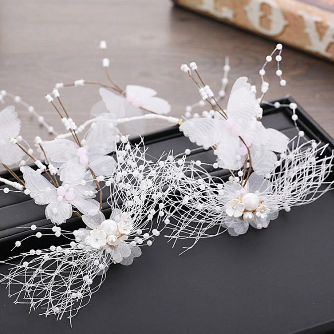 

Hair Clips & Barrettes Korean Bride Fairy Bridal Hand-made White Yarn Butterfly Pearls Long Accessories Wedding Headdress, Golden;silver