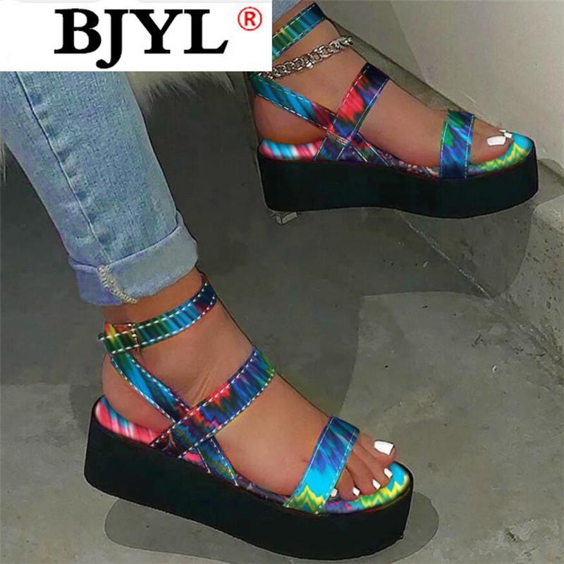 

Sandals 2021 Women Wedges Mixed Colors Buckle Strap Open Toe Summer Chaussures Femme Platform Sandalia Feminina, Peacock red