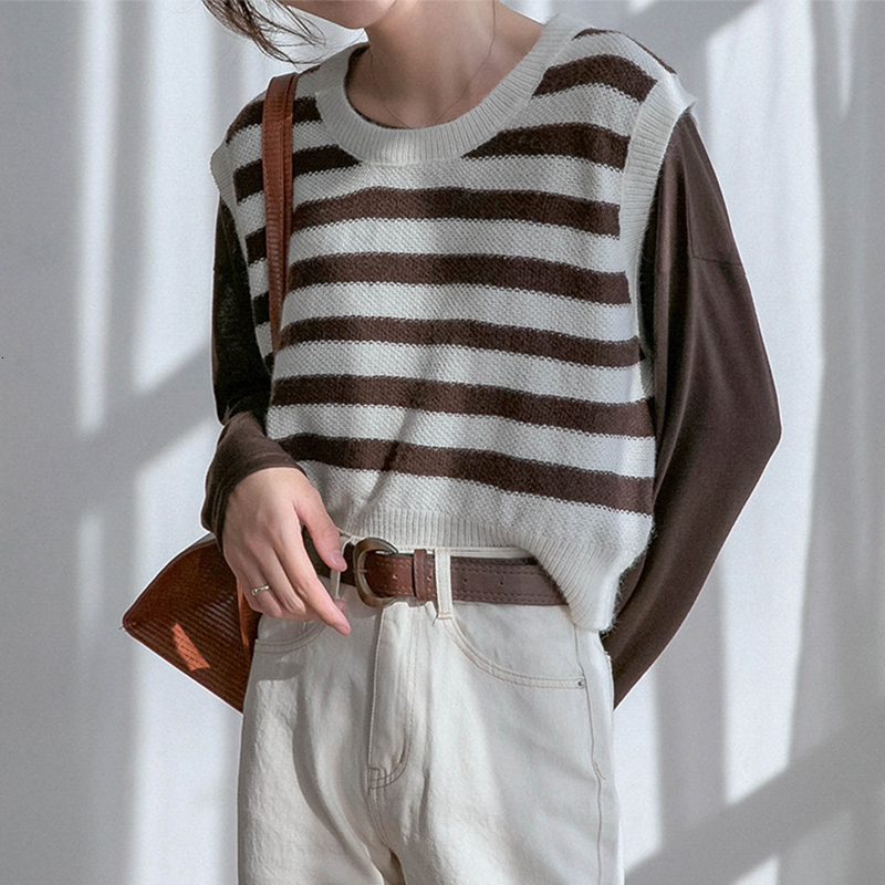 

2021 Loose Striped Cropped Sweaters Vest Multi Wear Women Tops O-neck Casual Office Lady Autumn New Korean Fashion Street 9gd1, Khaki