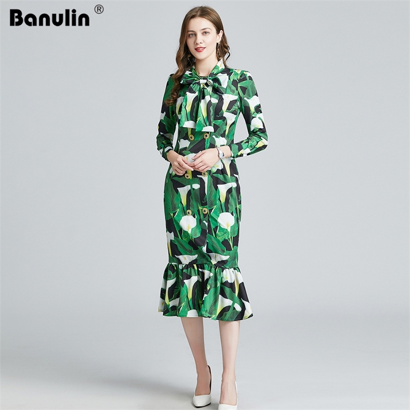 

Spring Fashion Runway Floral Midi Dress Women Long Sleeve Bow Collar Print Bead Ruffles Elegant Mermaid 210603, Green