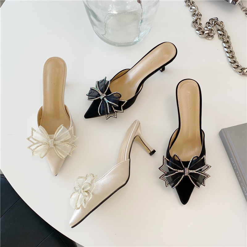 

slippers pointy water drill fine heel women's bun bow high muller shoe girl zfhh, Black