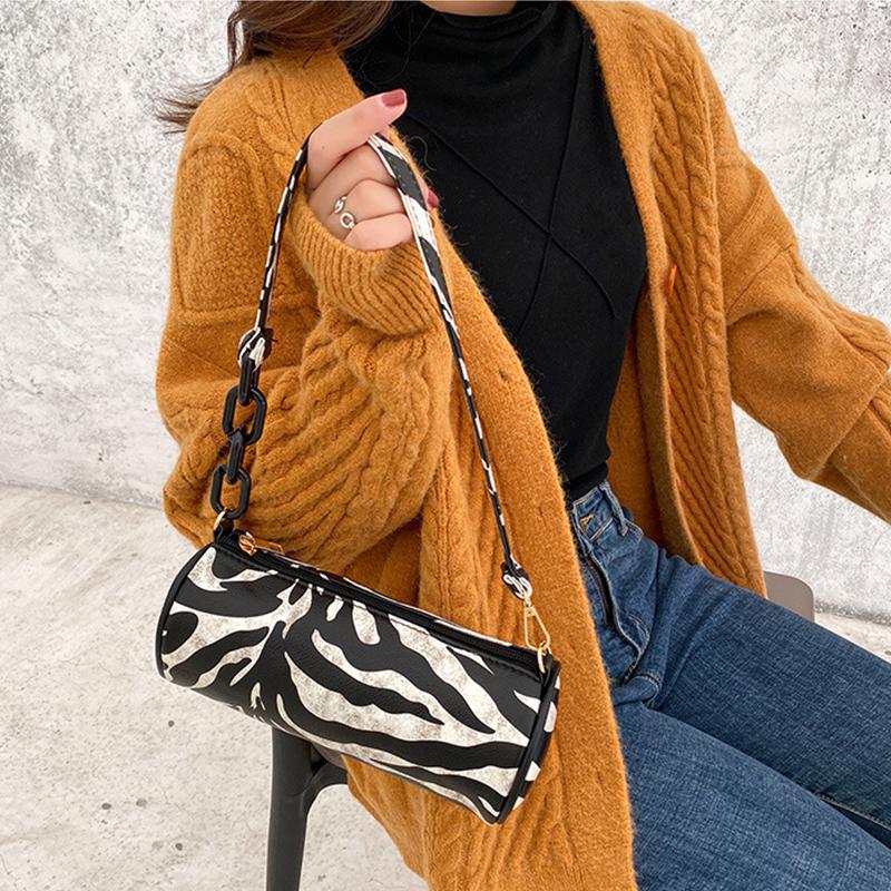 

Vintage Leopard Cylinder Shoulder Bag For Women Zebra Pattern PU Leather Crossbody Bag Trendy Chains Handbag Lady Armpit, Brown leopard