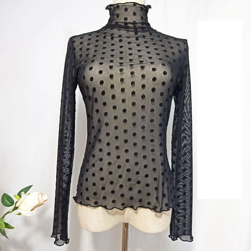 

Women's T-Shirt Elegant Polka Dot Flocking Women Net Shirt Turtleneck Long Sleeve Tops Summer Stretch Sexy Female Basic See-through Blouse, Black