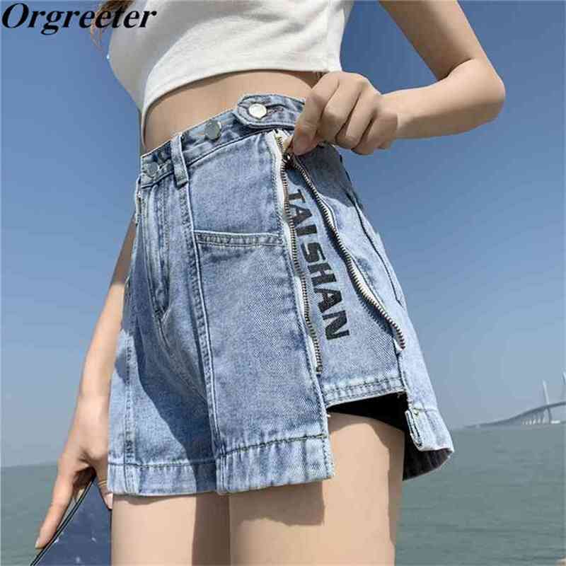 

Chic Wide-leg Denim Shorts Women Summer High-waist Side Zipper Letter Printted Short Jeans Streetwear Casual Pants Trend 210602, Gray