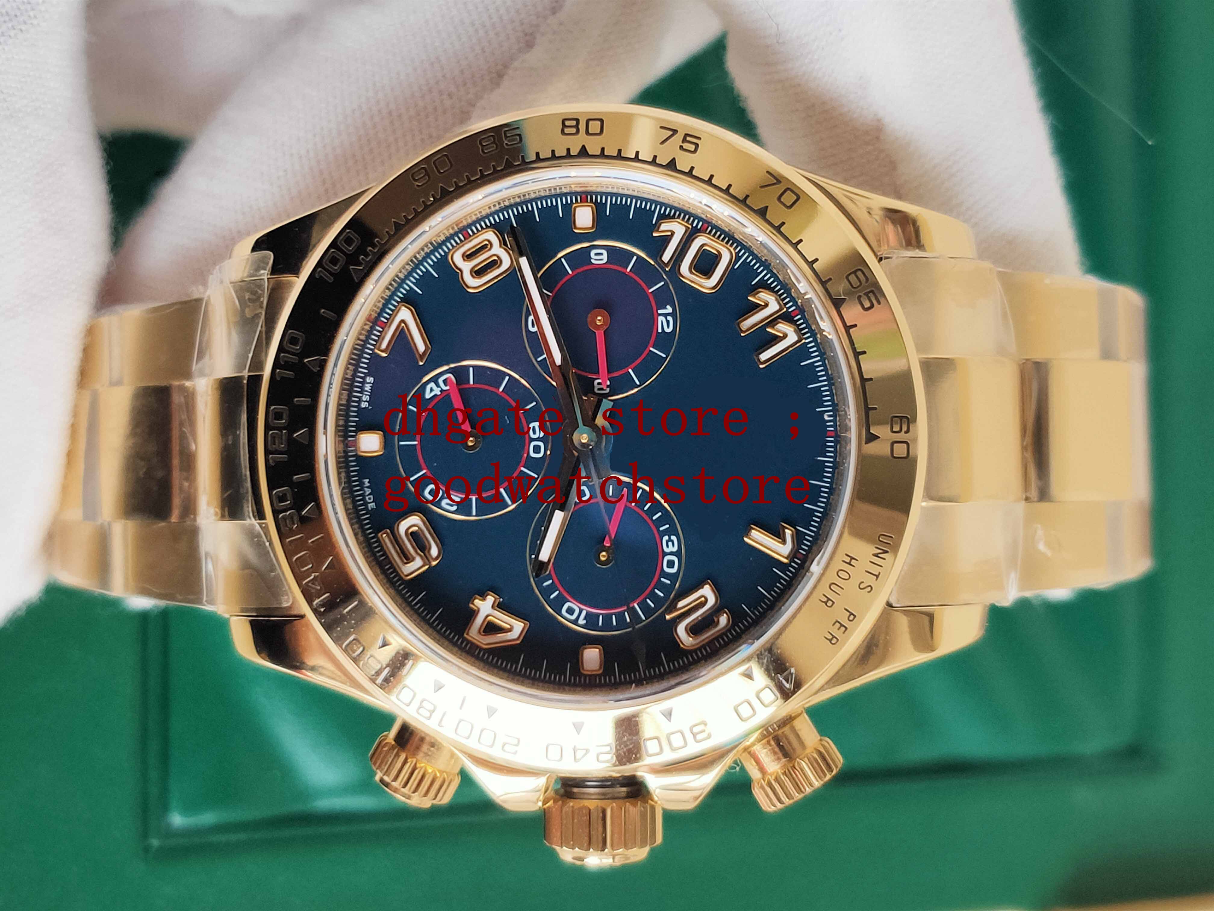 

box Mens luxury BP Factory Wristwatches 18k yellow gold 40mm Cosmograph ETA 7750 automatic Movement Chronograph Blue dial with Arabic numerals Watches