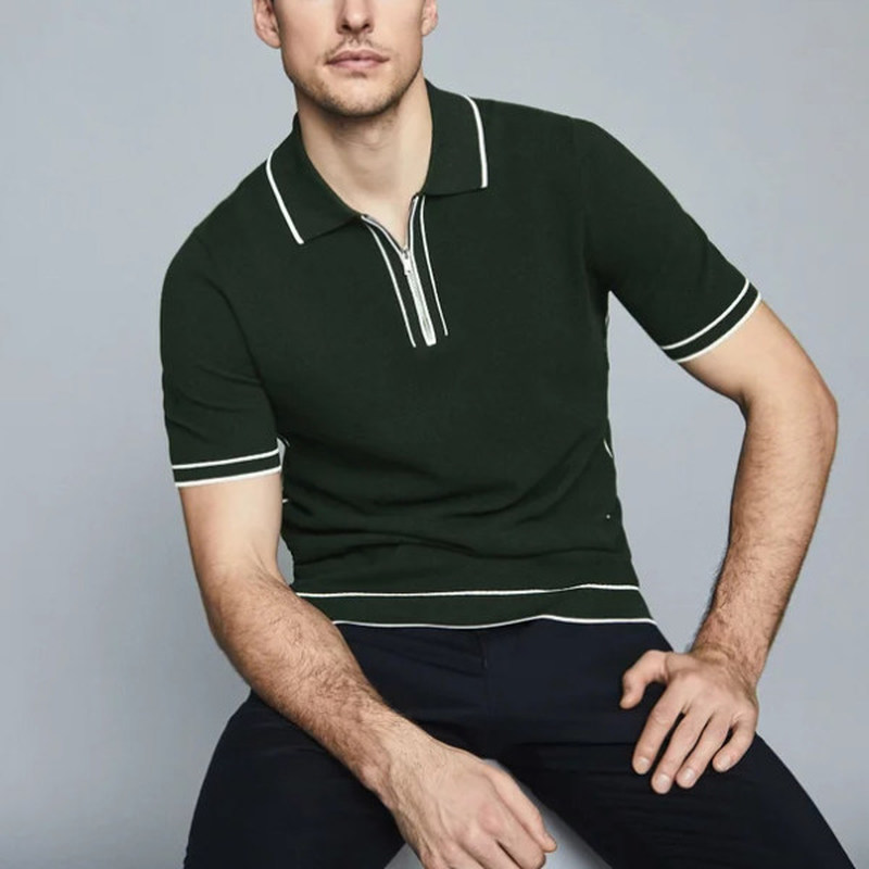 

Chic pattern men's zipper polo T shirt high quality comfortable breathable fashionable cool daily travel work party, White;black
