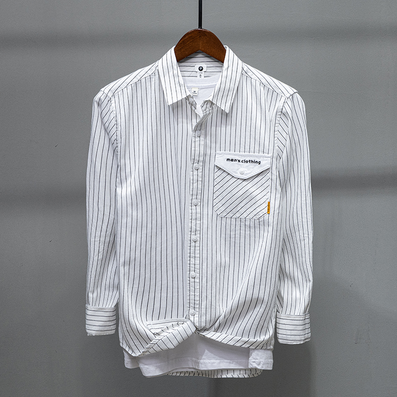 

2021 New 100% Algodo Primavera Novo Estilo Marca Casual Camisa Masculina Listrado Manga Longa Brancas Para Homens Moda Confortvel Camisas 4m, White