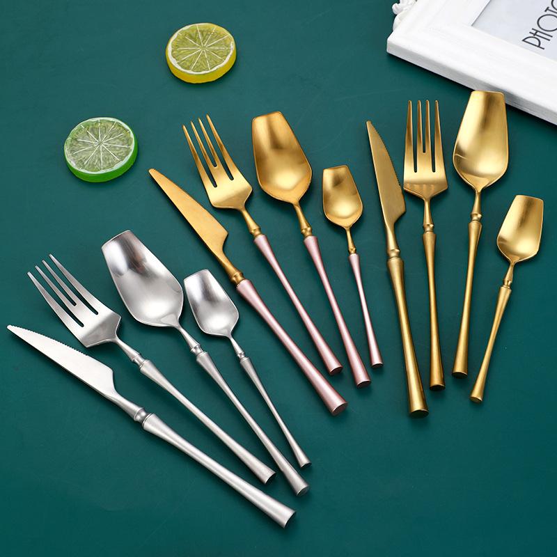 

Dinnerware Sets 4pcs Flatware Cutlery Set Matte Dinner Tableware Stainless Steel Luxury Forks Knives Spoons Pink Gold