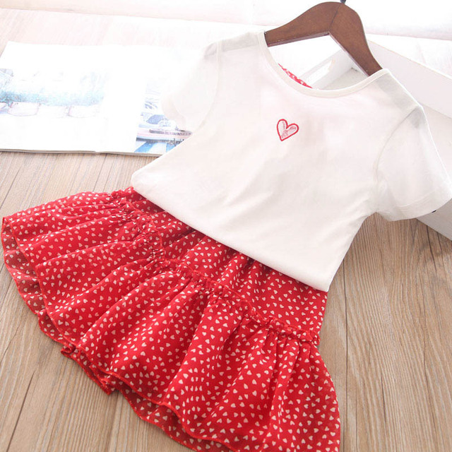 

Girls T-Shirt Tops+Heart Dot Skirts Suits Summer 2021 Kids Boutique Clothing Korean 2-7T Girls Short Sleeves 2 PC Outfit Set, White