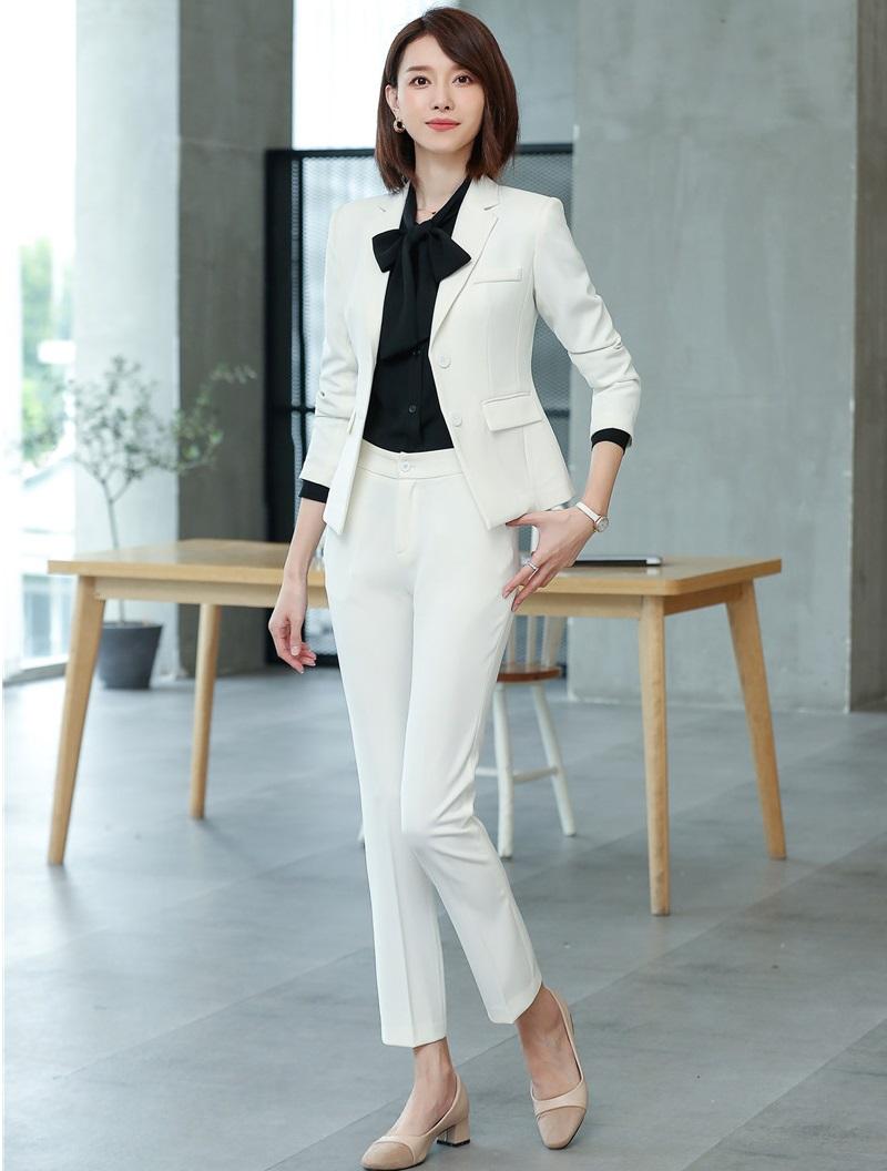 

Women' Suits & Blazers High Quality Fabric Formal Ladies White Blazer Women Business Pant And Jacket Sets Work Wear Office Uniform Designs, Black