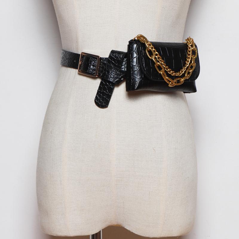 

Belts 2021 Fashion PU Leather Chain Split Fanny Pack Long Belt Personality Women Tide All-match Spring Autumn, Black