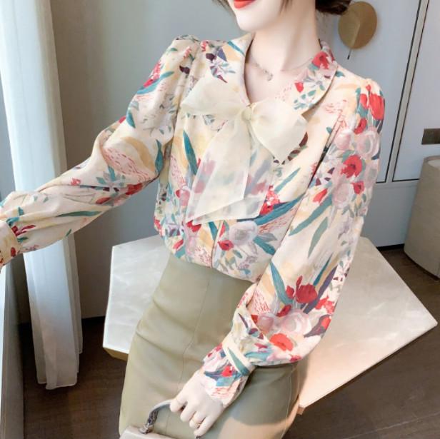 

Women' Blouses & Shirts 2021 Spring Elegant Bow Tied Floral Print Shirt Female Long Sleeve Doll Collar Ladies All-Match Blouse Tops, Mixed