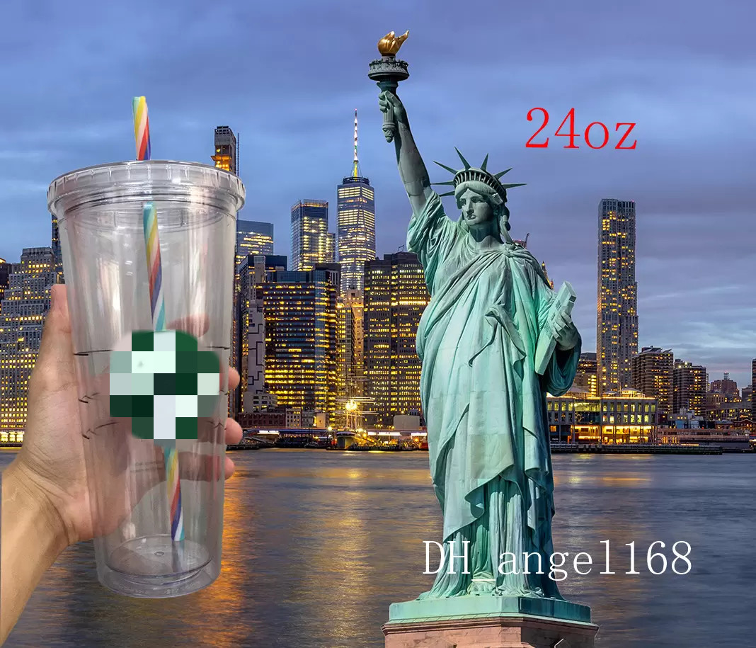 

2pcsDouble Thick Rainbow Straw Multiple Straws mermaid tumblers 24OZ/710ml Drinkware plastic cup Reusable transparent flat column lid sippy Bardian tumbler