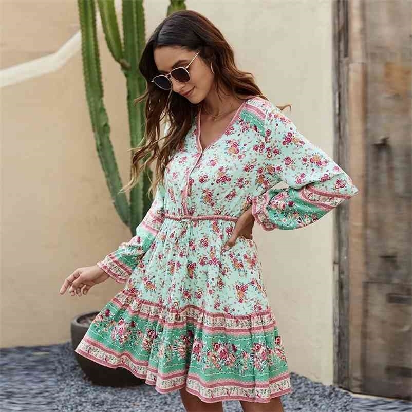 

Summer V-Neck A-Line Elastic Waist Printing Patchwork Single Breasted Button Casual Women Knee-length Dress 210524, Green