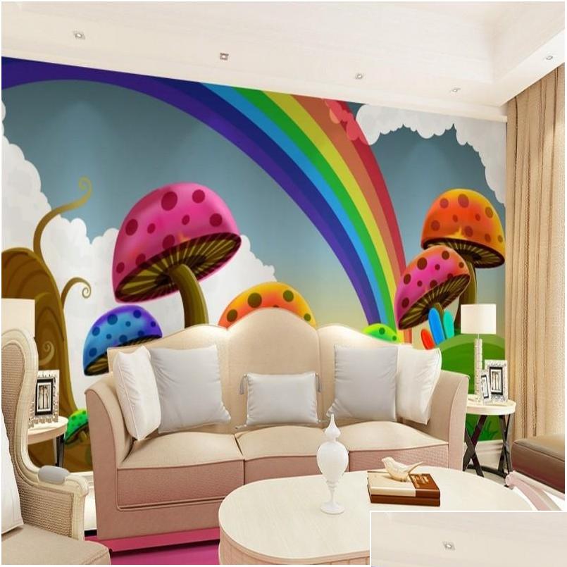 

Wholesale- Wallpaper The Living Room Sofa Tv Background Wallpaper Cute Rainbow Mushroom Cartoon Children's 3d Wall jllQDo outbag2007, As pic
