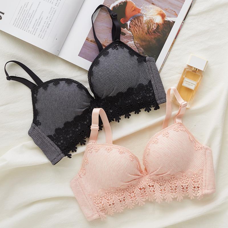 

Bras Sets Seamless Wire Free Women Young Girl 3/4 Cup Push Up Bra Printed Breathing Adjustable Vintage Romantic Underwear Set, Black
