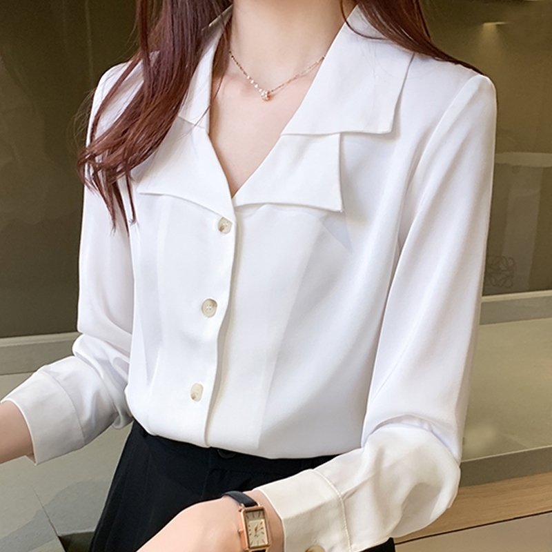 

Autumn Long Sleeve Blouse Women Blusas Mujer De Moda V-Neck Office Lady Tops Chiffon Blouse Shirt Women Blouses Blusa D660 210602, White