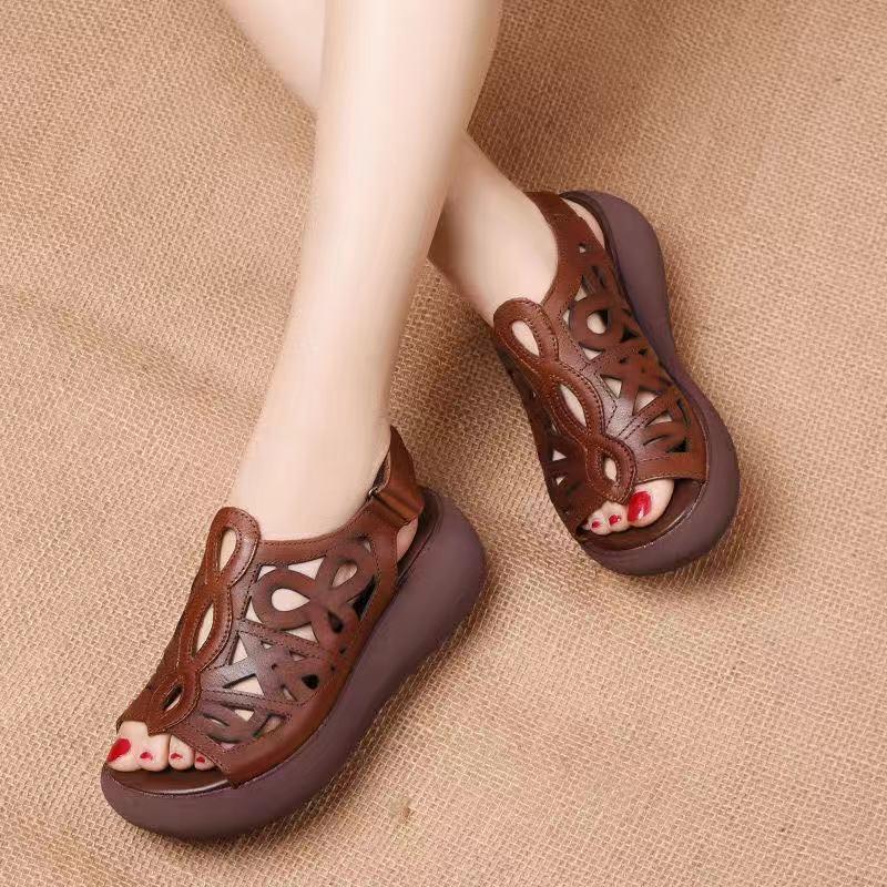

Sandals Women Soft Leather Wedges Shoes For Summer Casual Female Heels Wedge Sandalias Mujer, Black