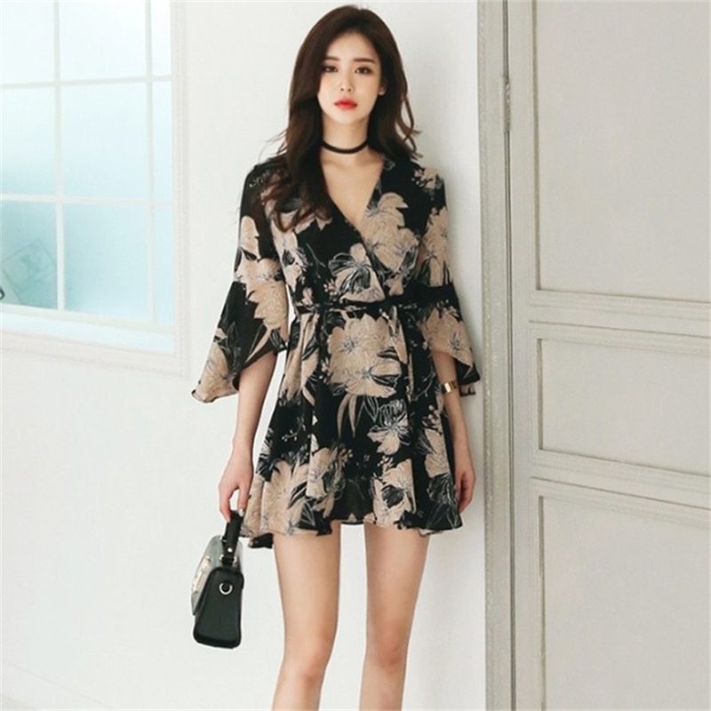 

High Quality Print Dresses Female V Neck Short Sleeve Bodycon Mini Mermaid Dress Women Spring Casual Fashion Clothes 210603, Picture color