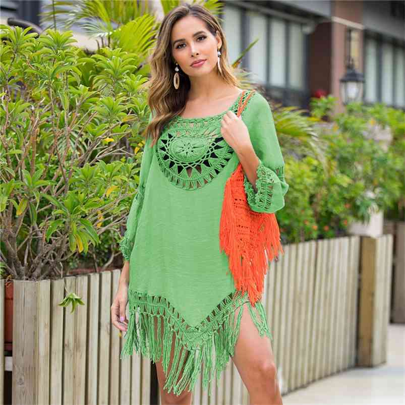 

Beach Cover Ups for Women Crochet wear Sleeve Fringed Tassel Summer Bikini Dress V Style Solid 12 Colors 210629, Skyblue