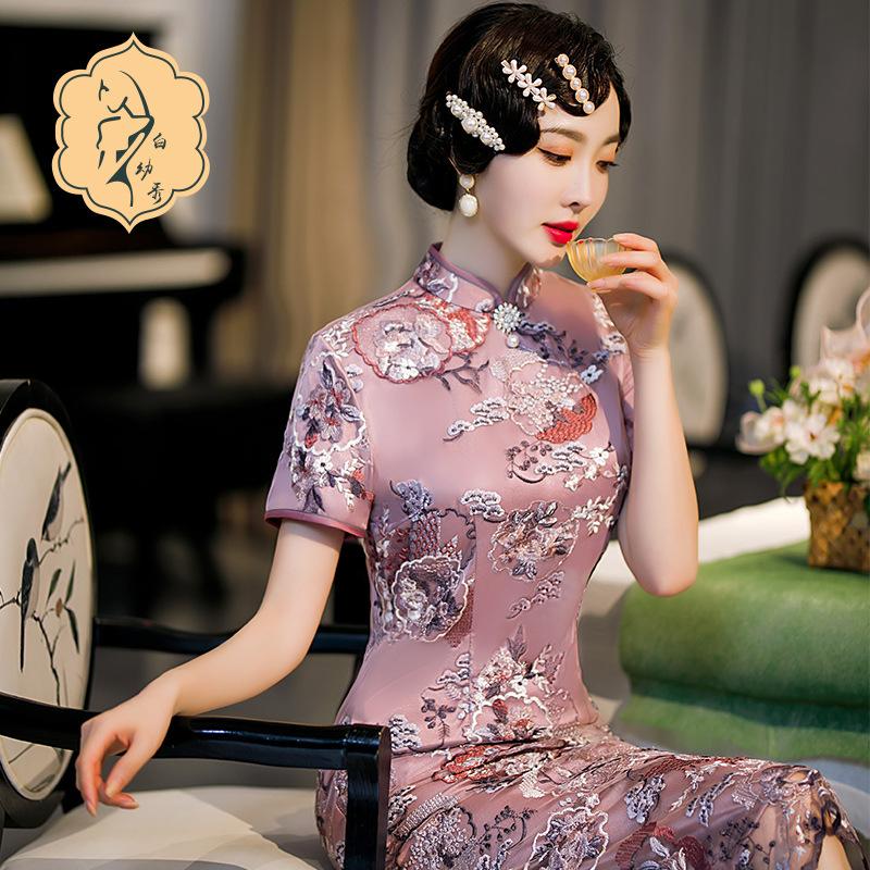 

Ethnic Clothing Sexy Purple Women Cheongsam Vintage Chinese Style Qipao Elegant Evening Party Vestidos Exquisite Beaded Summer Robe Gown