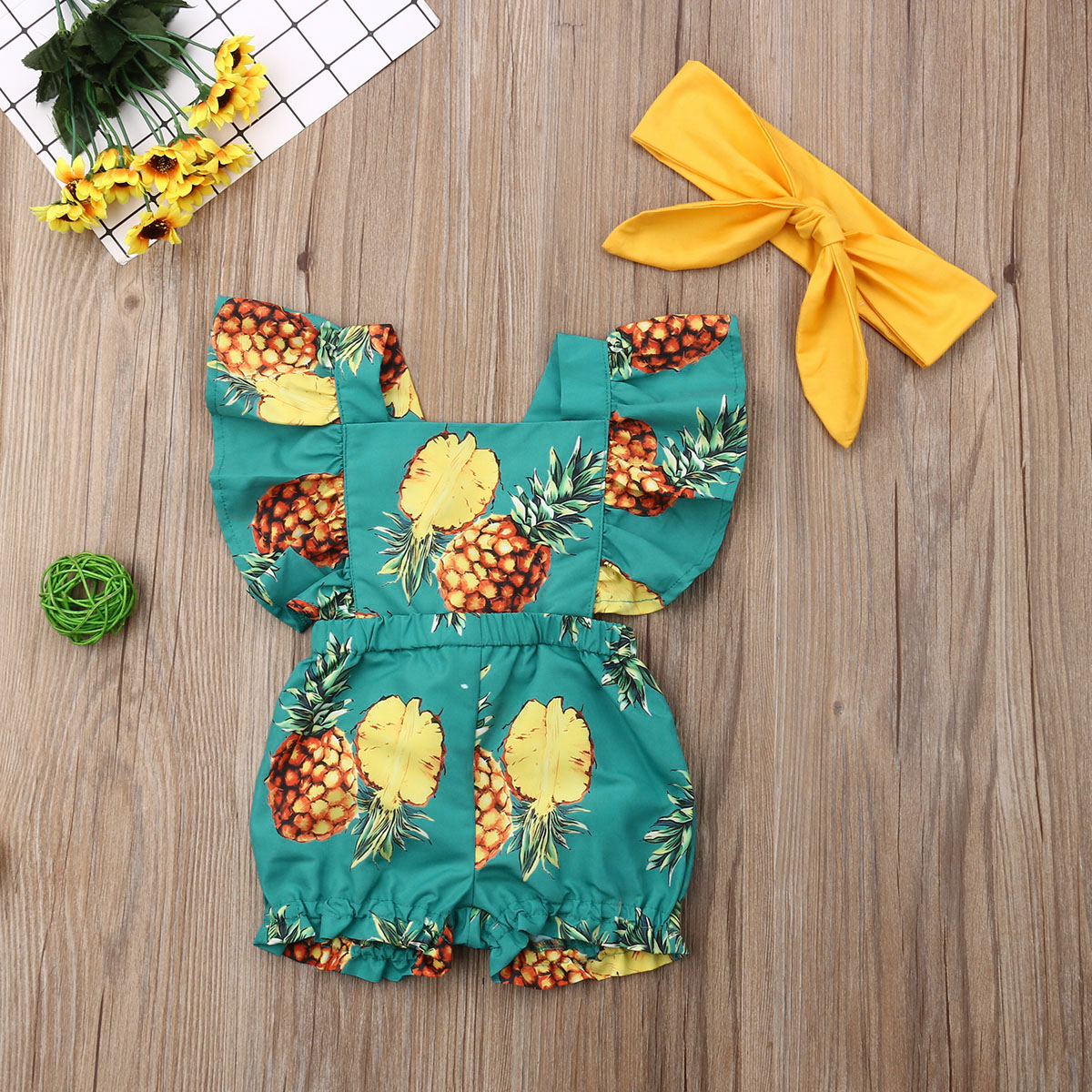 

Newborn Baby Girl Clothes Fly Sleeve Ruffle Romper Jumpsuit Headband 2PCS Outfits Set, Pineapple green