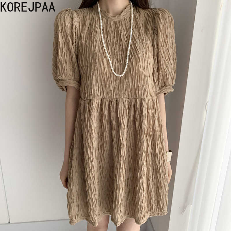 

Korejpaa Women Dress Summer Korean Chic Girls French Retro Round Neck Pleated Texture Design Loose Puff Sleeve Vestidos 210526, Khaki