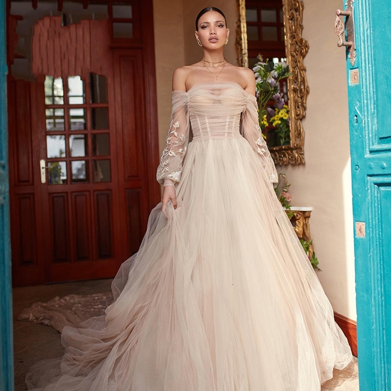 

2021 New Boho Tulle Wedding Es Romantic Lantern Sleeve Backless A-line Strapless Princess Bride Gown Vestido De Noiva Qlez, Ivory