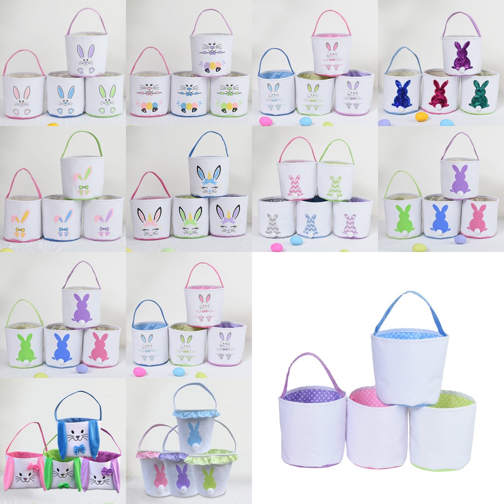 

Easter Egg Storage Basket Canvas Bunny Ear Bucket Creative Easter Gift Bag With Rabbit Tail Decoration Multi Styles