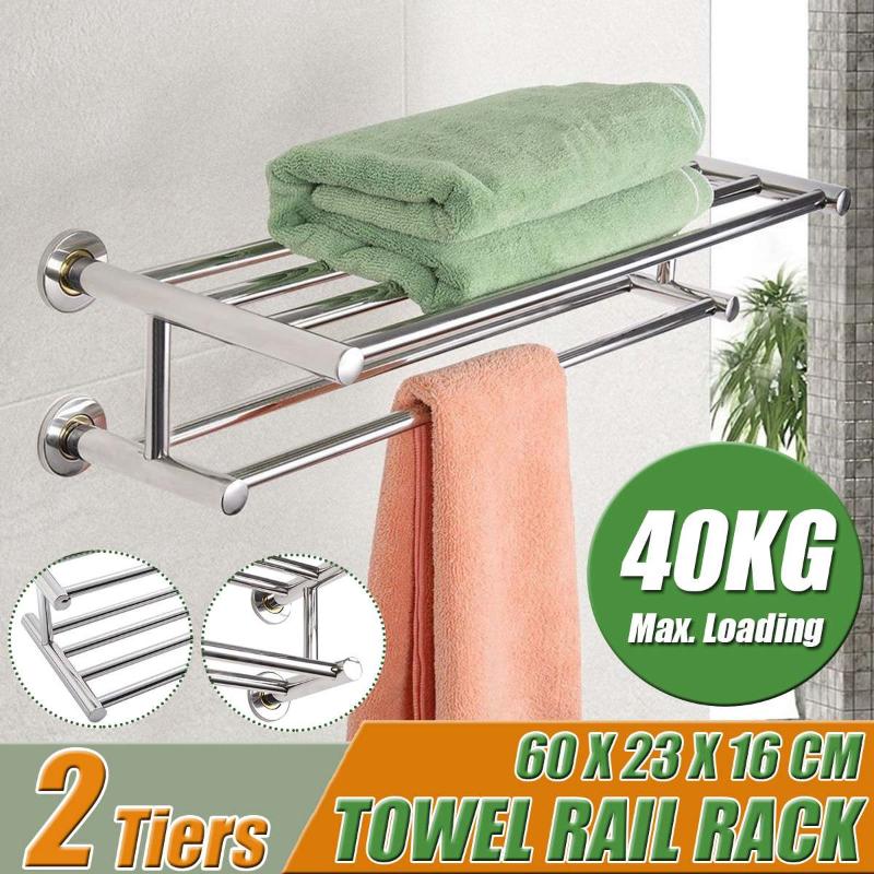 

Towel Racks 60cm Stainless Steel Surface Polishing Double Wall Mounted Bathroom Rack Holder Foldable Shelf, As pic