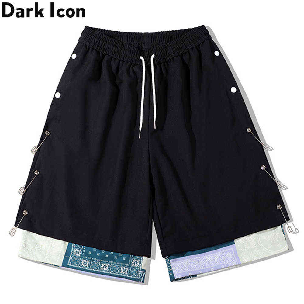 

Side Split Bandana Patchwork Shorts Men Summer Street Fashion Men Shorts 210603, Black