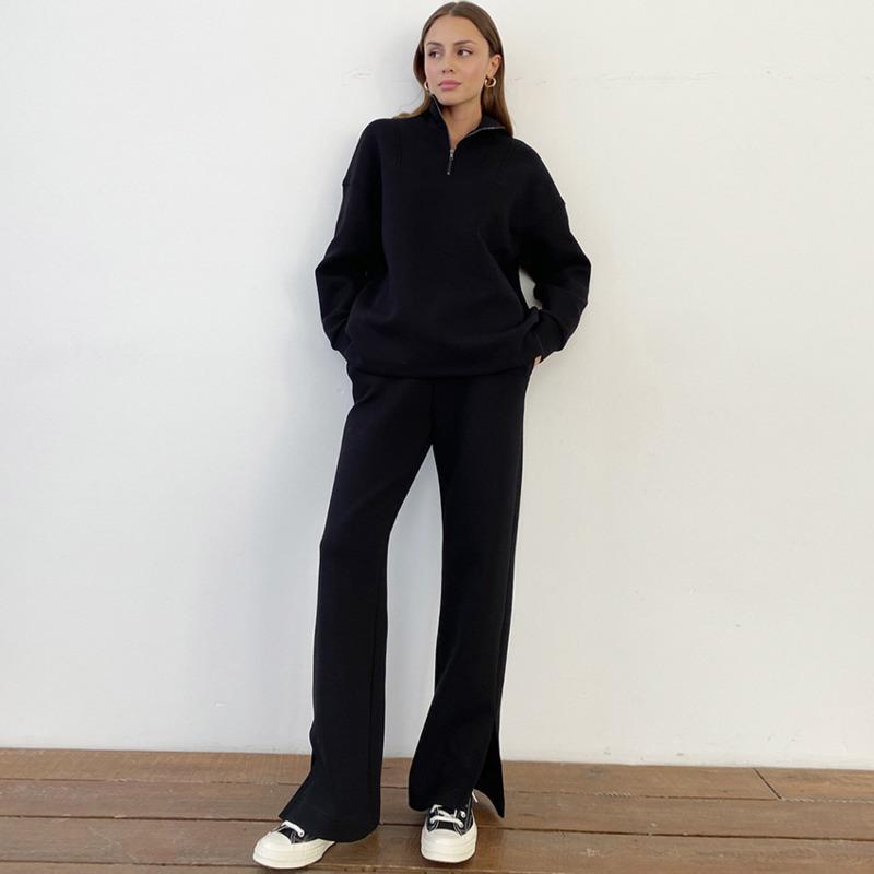 

Women's Two Piece Pants Pullover Sweater Stand Collar Slit Pure Color Simple Fashion Casual Suit Women Autumn Winter Set, White