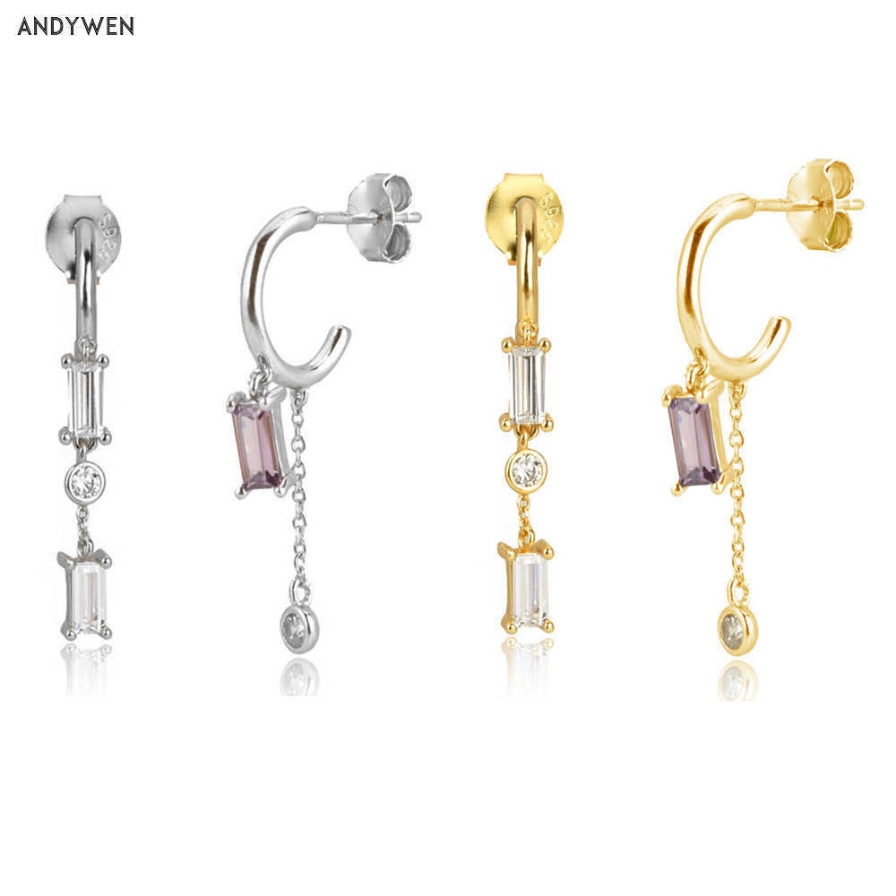 

ANDYWEN 925 Sterling Silver Gold Purple Zircon Square Chain Drop Earring Luxury Piercing Rock Punk Irregular Fine Jewelry 210608