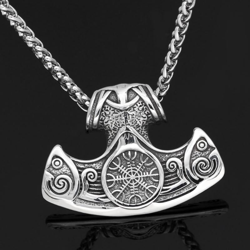 

Pendant Necklaces Men Stainless Steel Mamen Viking Vegvisir Amulet Axe Necklace