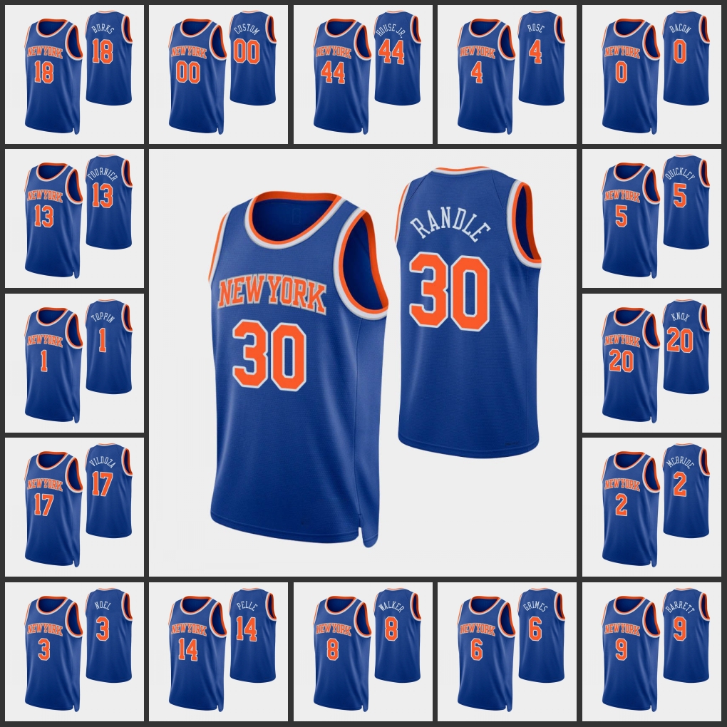

New York Knicks''Men Julius Randle RJ Barrett Kemba Walker Obi Toppin Derrick Rose 75th Anniversary Diamond Custom Blue Jersey