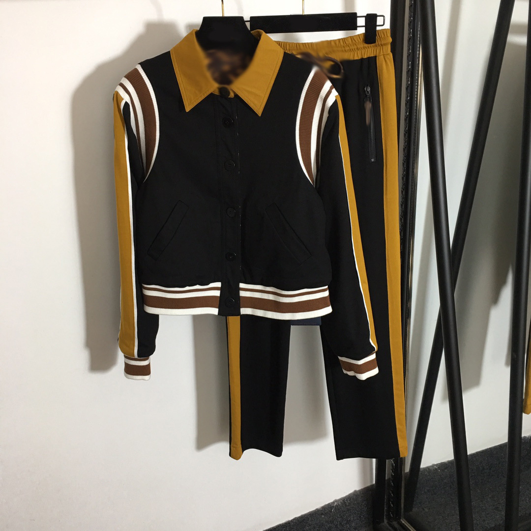 

Women' suit new color-blocking long-sleeved jacket + elastic waist straight casual pants leisure sports suit, White